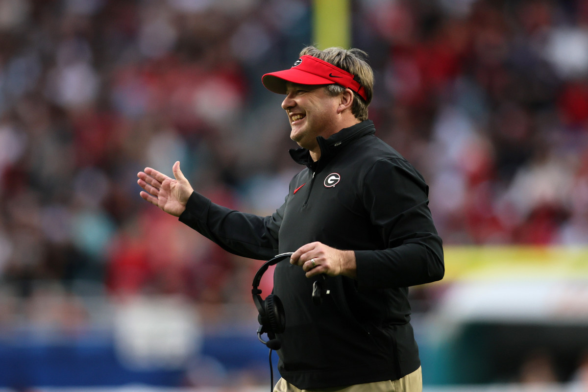 Dec 30, 2023; Miami Gardens, FL, USA; Georgia Bulldogs head coach Kirby Smart reacts during the first half in the 2023 Orange Bowl against the Florida State Seminoles at Hard Rock Stadium. Mandatory Credit: Sam Navarro-USA TODAY Sports